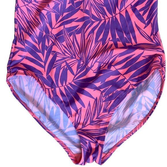 Jaclyn Smith Coral Purple Leaf Print Tie Around Neck Swimsuit Size 14 - Picture 7 of 11